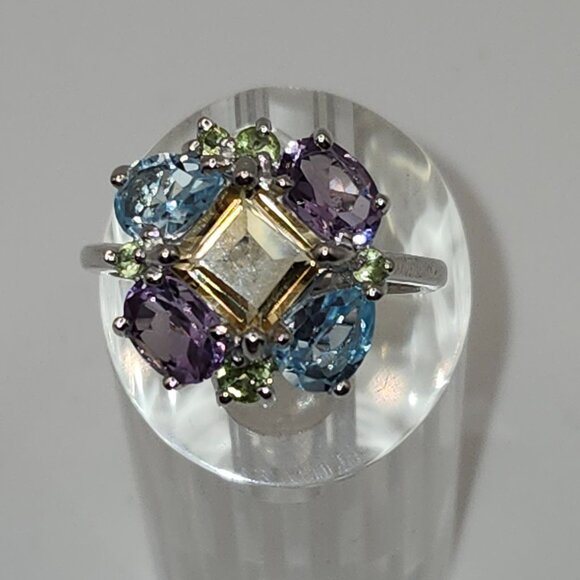 .925 Sterling Silver Citrine/Garnet/Peridot/Topaz Floral Ring Sz 8.75 Value $695 - Picture 2 of 9